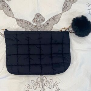 Black Quilted Women's Bag with Pom Pom Key Chain NWT